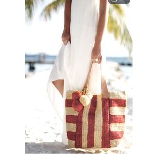 Olivia Miller Handbag Collection Pippy Multi Striped Straw Tote Bag with Pom Pom